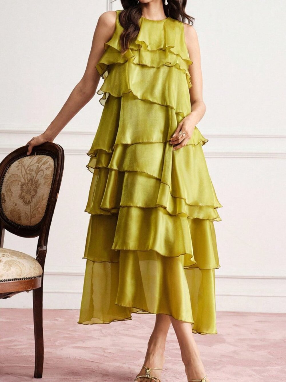 Green Party Women's Asymmetrical Ruffle Long Dress - Picture 4 of 7